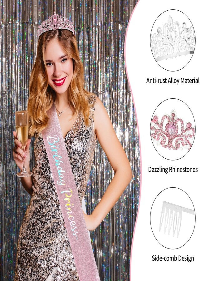 UlZDVUli Birthday Princess Crown, Birthday Princess Headband Tiara Sash Accessories Set for Women, Pink Crown Sash Decorations Party Favors - Image 4